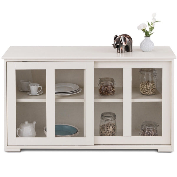 Modern White Wood Buffet Sideboard Cabinet with Glass Sliding Door - Deals Kiosk