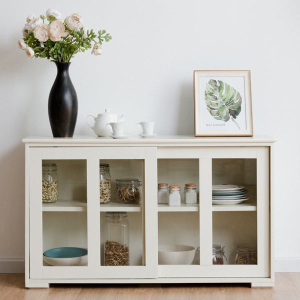 Modern White Wood Buffet Sideboard Cabinet with Glass Sliding Door - Deals Kiosk