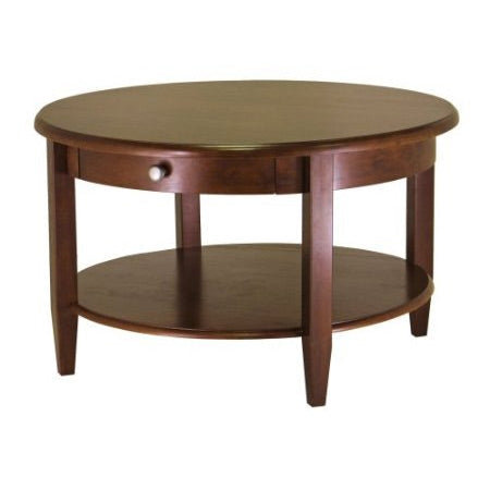 Circular Wood Coffee Table with Bottom Shelf and Drawer