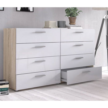 White Modern Bedroom 8-Drawer Double Dresser with Oak Finish Sides and Top - Deals Kiosk