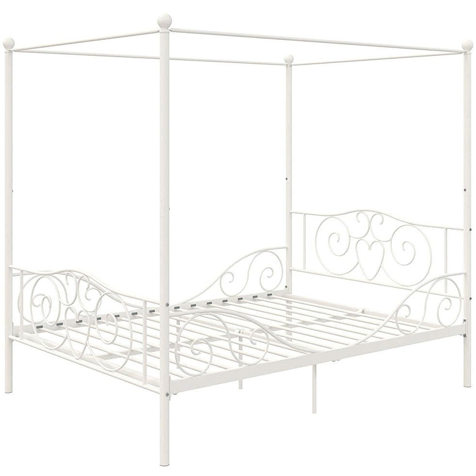 Full size White Metal Canopy Bed Frame with Heavy Duty Steel Slats