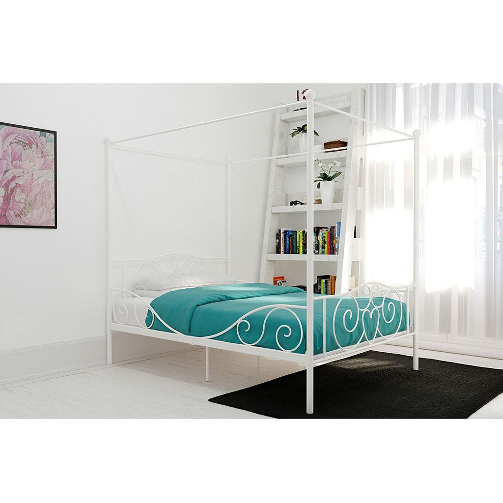 Full size White Metal Canopy Bed Frame with Heavy Duty Steel Slats - Deals Kiosk