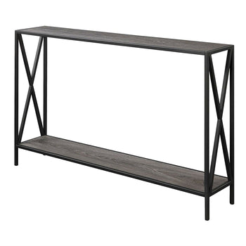 Weathered Grey Wood Console Sofa Table with Bottom Shelf and Metal Frame - Deals Kiosk