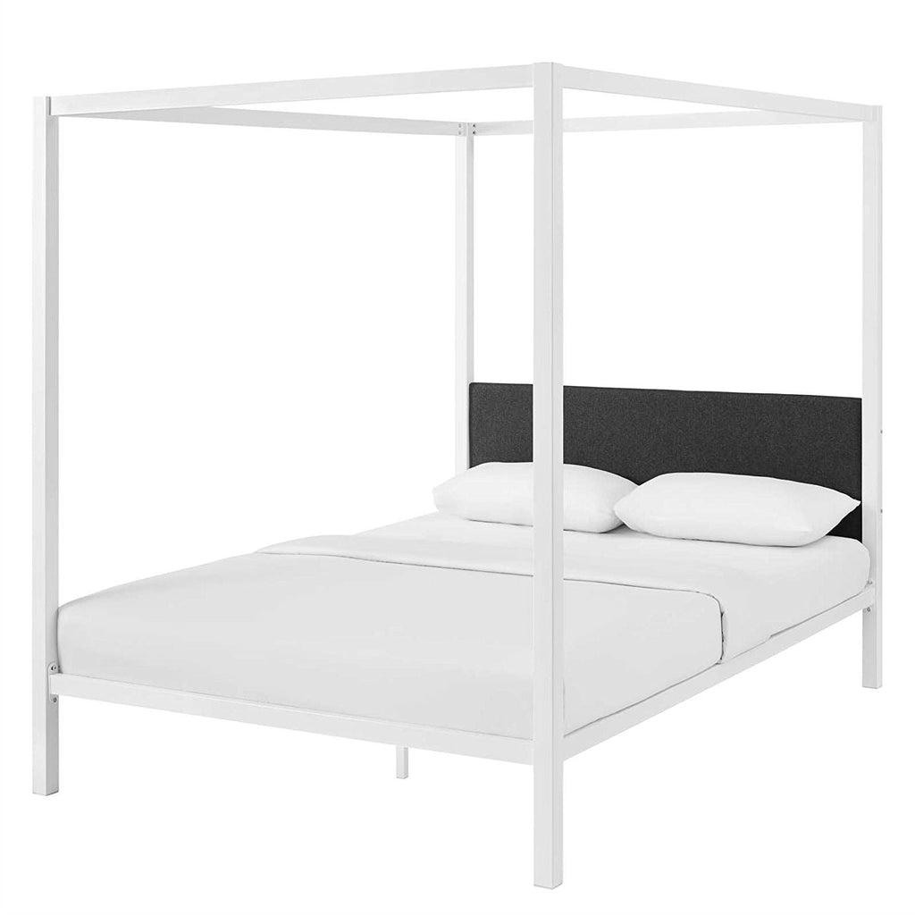 Queen size White Metal Canopy Bed Frame with Grey Fabric Upholstered Headboard - Deals Kiosk