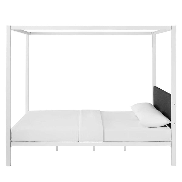 Queen size White Metal Canopy Bed Frame with Grey Fabric Upholstered Headboard - Deals Kiosk