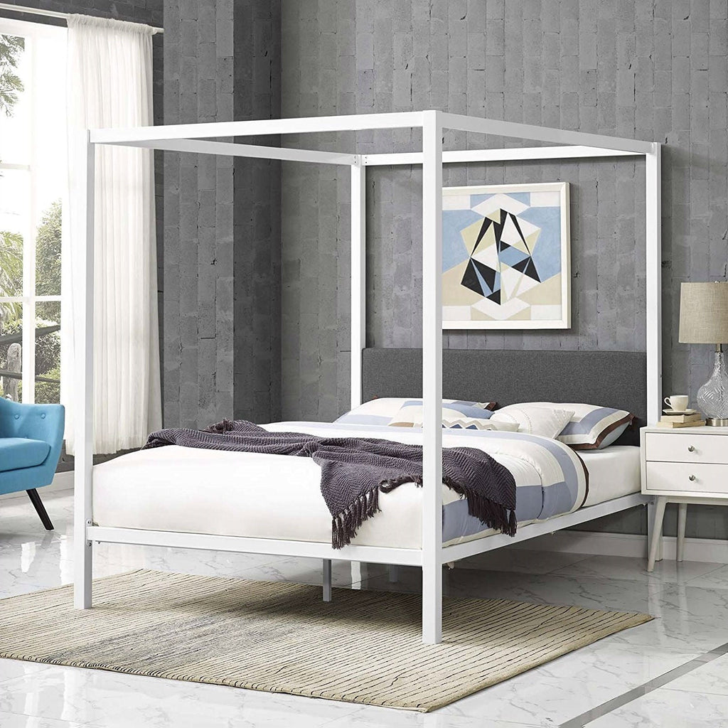 Queen size White Metal Canopy Bed Frame with Grey Fabric Upholstered Headboard - Deals Kiosk