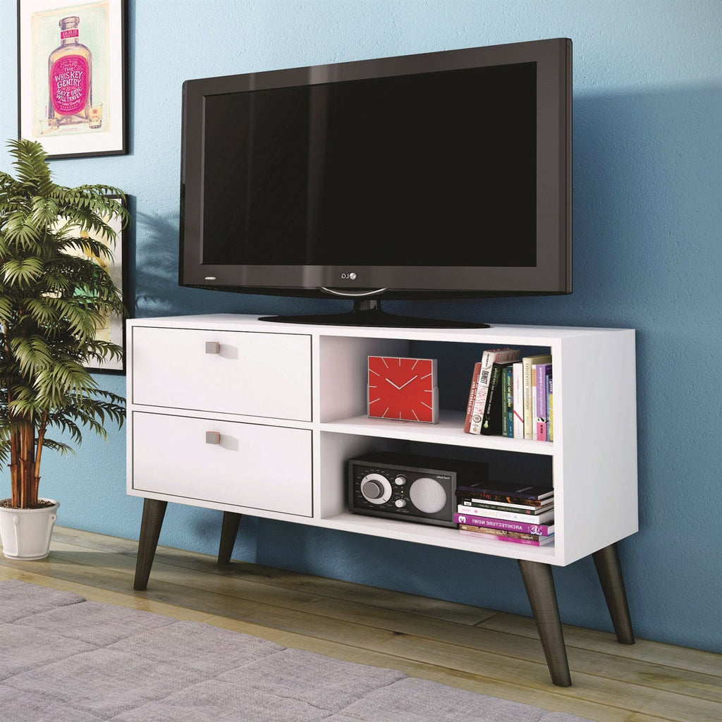 White Grey Wood Modern Classic Mid-Century Style TV Stand Entertainment Center - Deals Kiosk