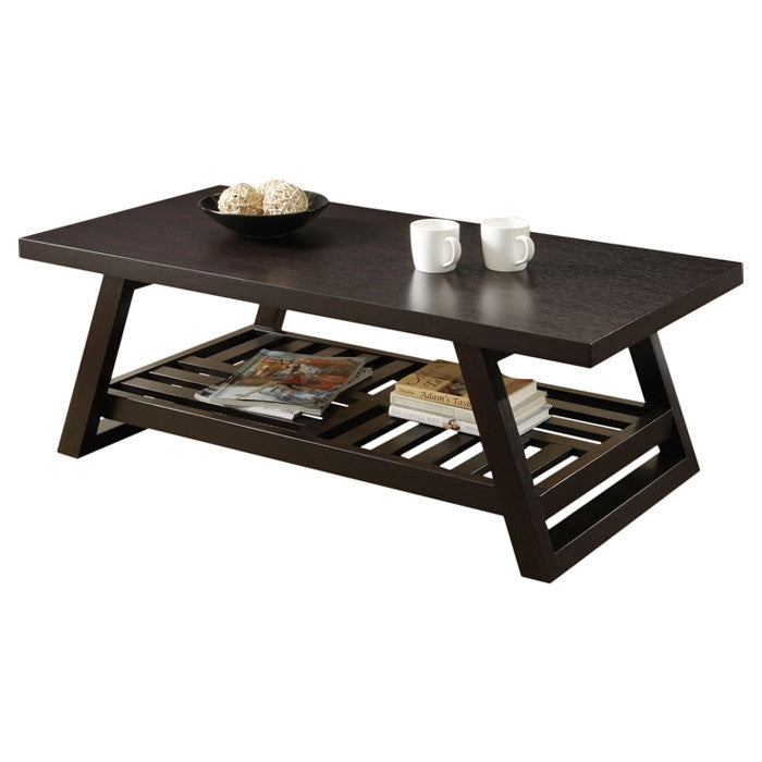 Contemporary Coffee Table with Slatted Bottom Shelf in Rich Brown - Deals Kiosk