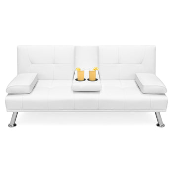 White Faux Leather Convertible Sofa Futon with 2 Cup Holders