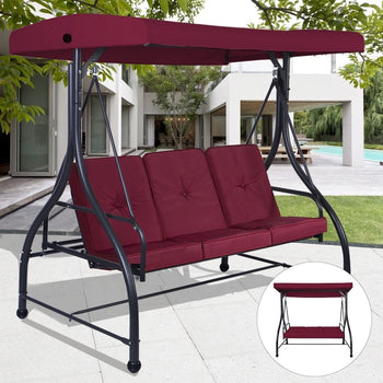Red Burgundy Wine 3 Seat Cushioned Porch Patio Canopy Swing Chair - Deals Kiosk