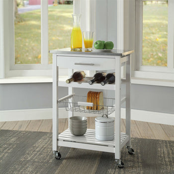 Stainless Steel Top White Wood Kitchen Island Storage Cart - Deals Kiosk