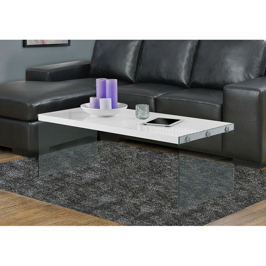 White Modern Rectangular Coffee Table with Tempered Glass Legs - Deals Kiosk