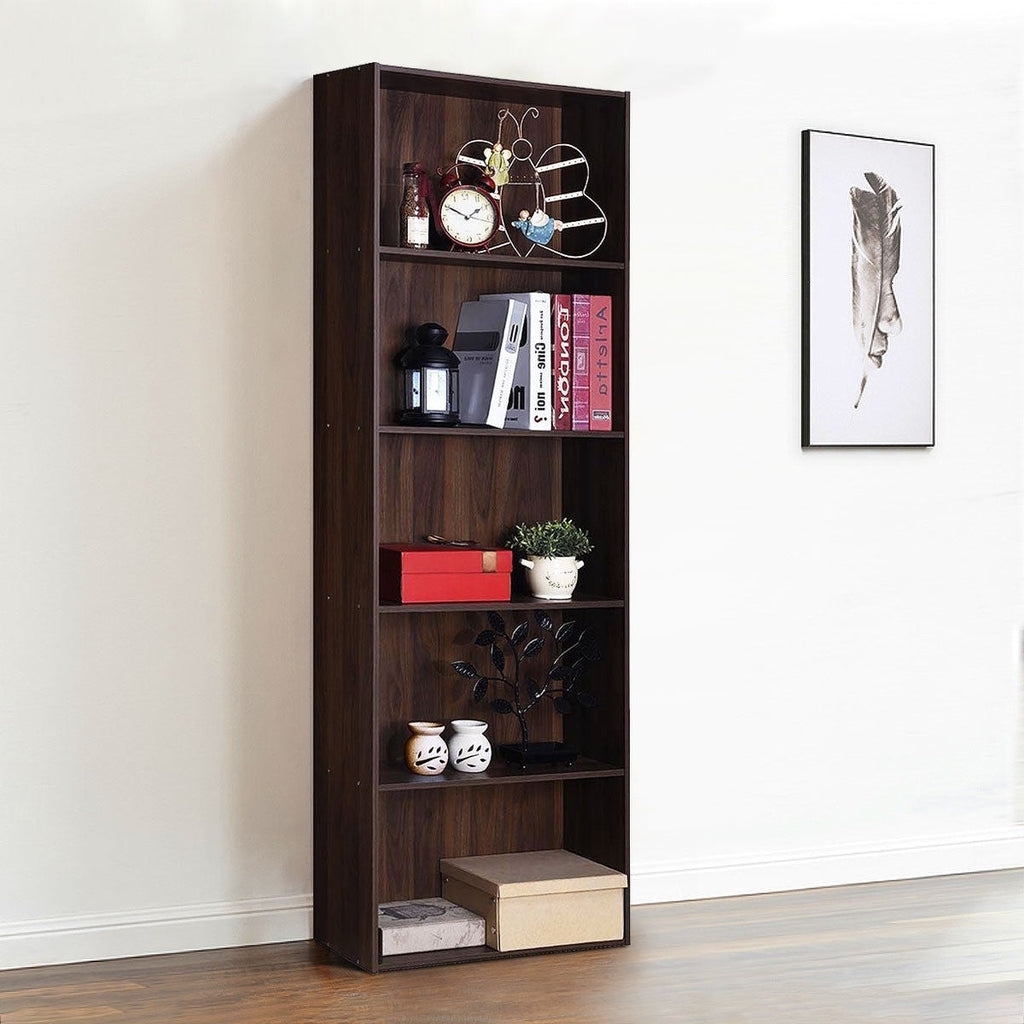 Modern 5-Tier Bookcase Storage Shelf in Brown Walnut Wood Finish - Deals Kiosk
