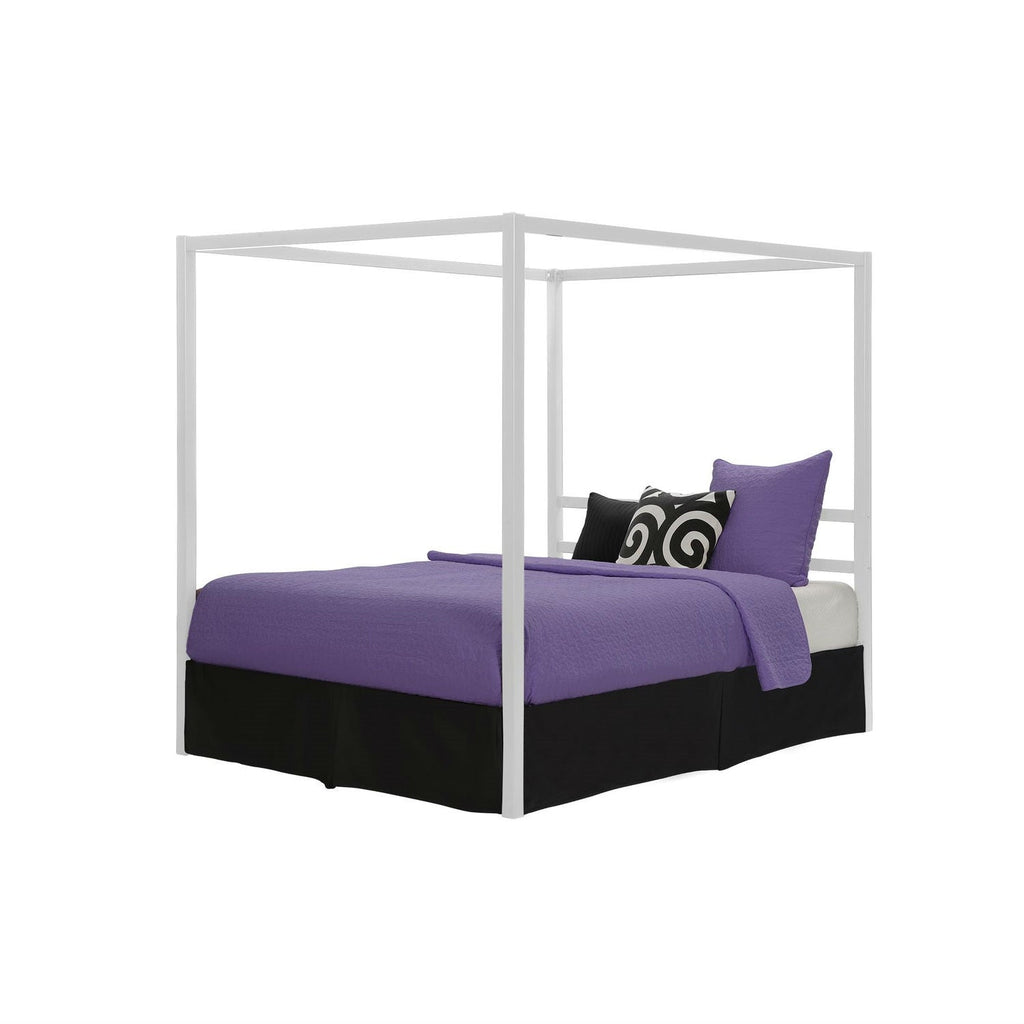Queen size Modern White Metal Canopy Bed - No Box-Springs Required - Deals Kiosk