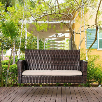 Brown Resin Wicker 2-Person Porch Swing Loveseat with Tan Cushion - Deals Kiosk
