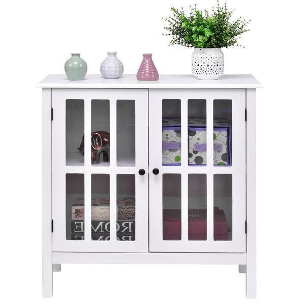 White Wood Sideboard Buffet Cabinet with Glass Panel Doors - Deals Kiosk