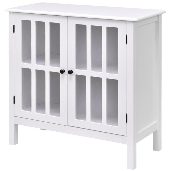 White Wood Sideboard Buffet Cabinet with Glass Panel Doors - Deals Kiosk