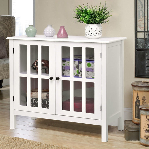 White Wood Sideboard Buffet Cabinet with Glass Panel Doors - Deals Kiosk