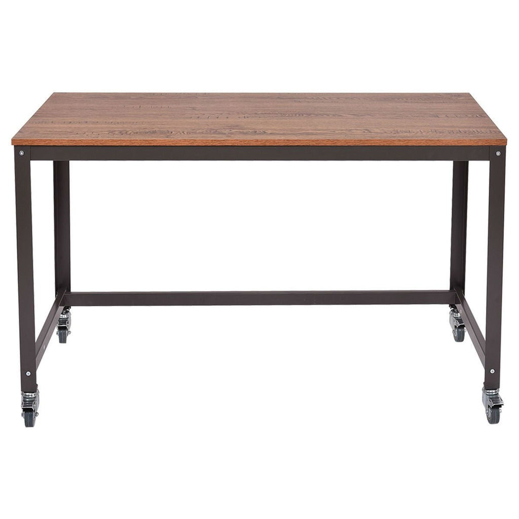 Industrial Modern Steel Frame Wood Top Computer Desk with Locking Wheels - Deals Kiosk