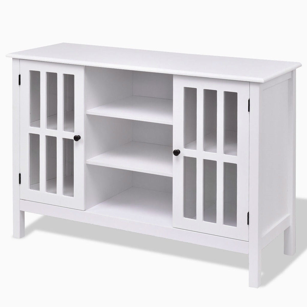White Wood Sofa Table Console Cabinet with Tempered Glass Panel Doors - Deals Kiosk