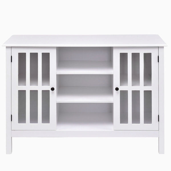 White Wood Sofa Table Console Cabinet with Tempered Glass Panel Doors - Deals Kiosk