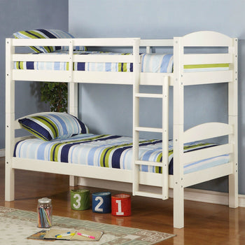 White Wood Twin over Twin Bunk Bed with Ladder and Guardrail - Deals Kiosk