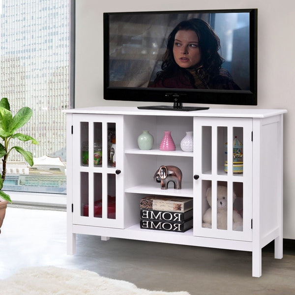 White Wood 43-inch TV Stand with Glass Panel Doors - Deals Kiosk