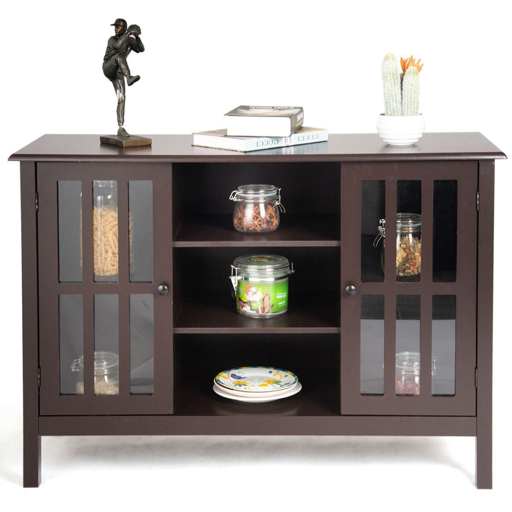 Brown Wood Sofa Tale Console Cabinet with Tempered Glass Panel Doors - Deals Kiosk