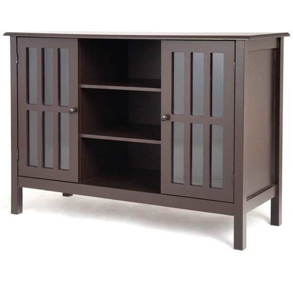 Brown Wood Sofa Tale Console Cabinet with Tempered Glass Panel Doors - Deals Kiosk