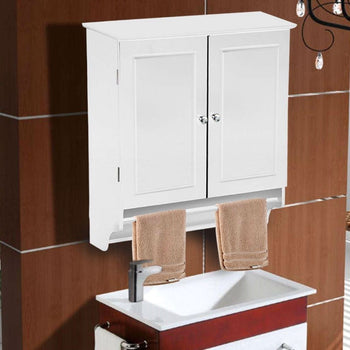 White Bathroom Wall Cabinet with Storage Shelf and Towel Bar - Deals Kiosk