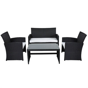 Black Resin Wicker 4-Piece Outdoor Patio Furniture Set with White Seat Cushions