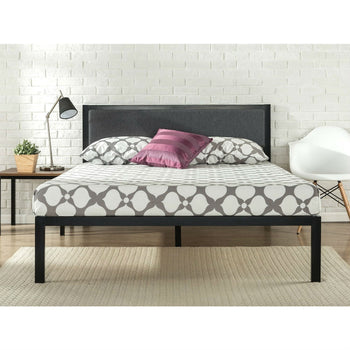 Full size Metal Platform Bed Frame with Wood Slats and Upholstered Headboard - Deals Kiosk