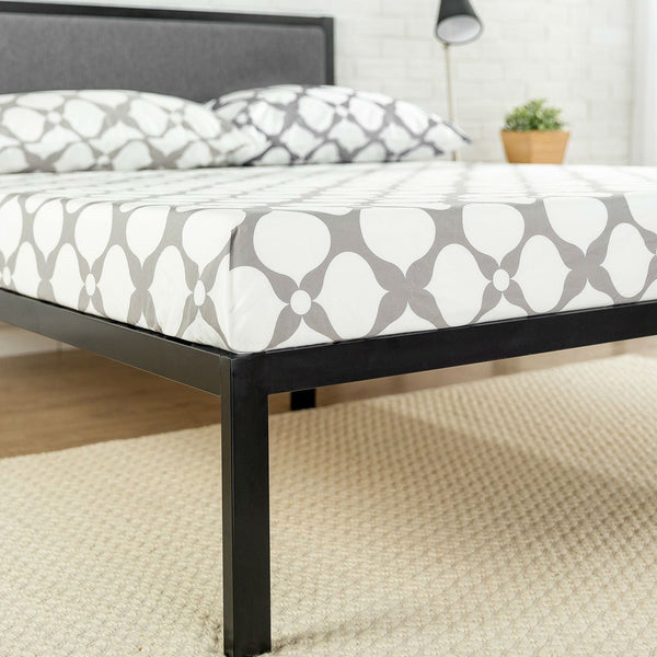 Full size Metal Platform Bed Frame with Wood Slats and Upholstered Headboard - Deals Kiosk