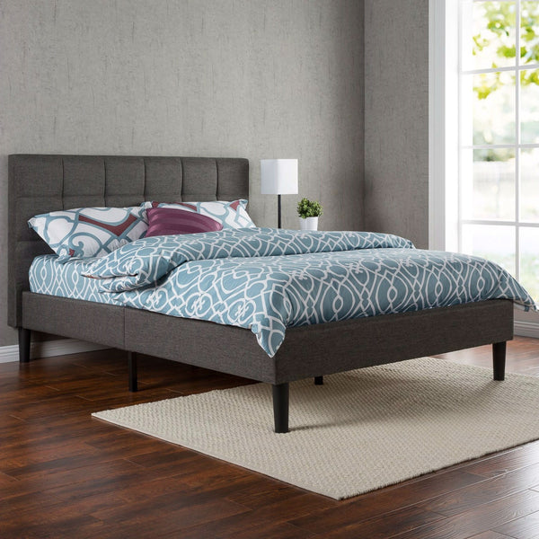 Twin size Classic Grey Fabric Upholstered Platform Bed with Padded Headboard - Deals Kiosk