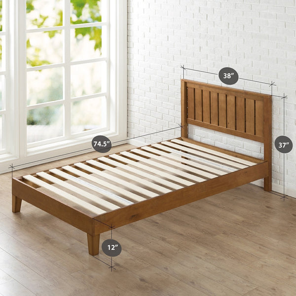 Twin Solid Wood Platform Bed Frame with Headboard in Medium Brown Finish - Deals Kiosk