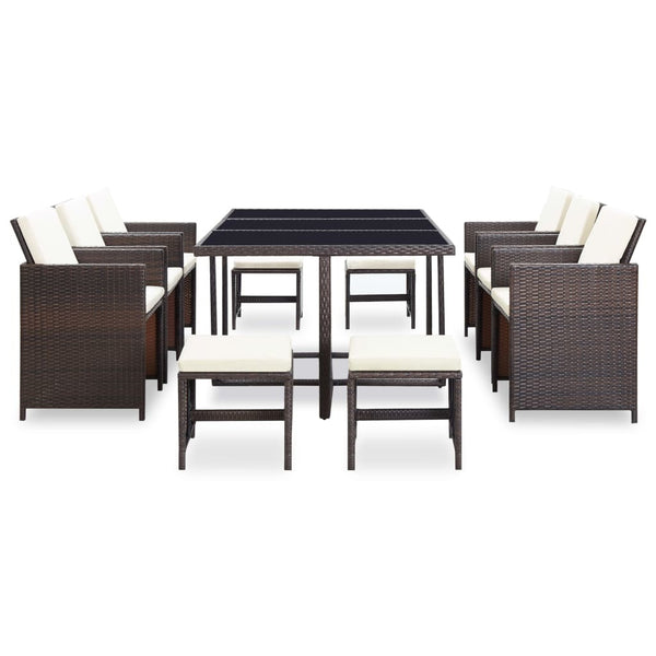 11 Piece Outdoor Dining Set with Cushions Poly Rattan Brown - Deals Kiosk