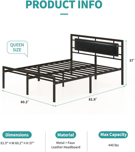 mecor Queen Bed Frame with Black Faux Leather Headboard, Vintage Metal Platform Mattress Foundation, Strong Metal Slats Support, No Box Spring Needed - Black / Queen--YS - Deals Kiosk