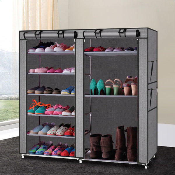 Double Rows Home Shoe Rack Shelf Storage Closet Organizer Cabinet Portable Cover Grey - Deals Kiosk
