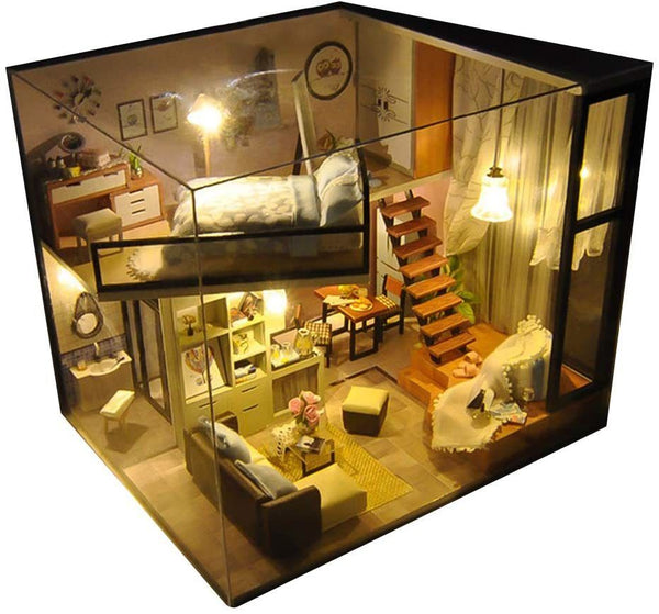 DIY Dollhouse Kit with Dust Proof Cover 1:24 Scale Wooden DIY Miniature Dollhouse Kit Toy Gift - Deals Kiosk