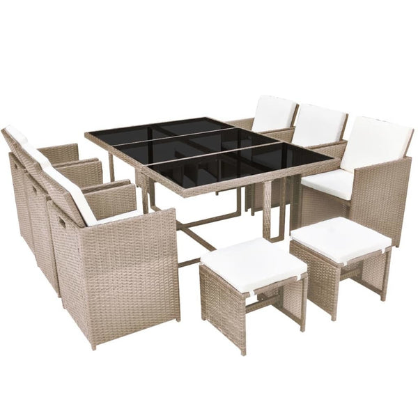 11 Piece Outdoor Dining Set with Cushions Poly Rattan Beige - Deals Kiosk