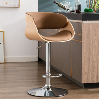 Adjustable/Swivel Bar Stool, PU Leather Ecru Bent wood Bar Chair - Deals Kiosk