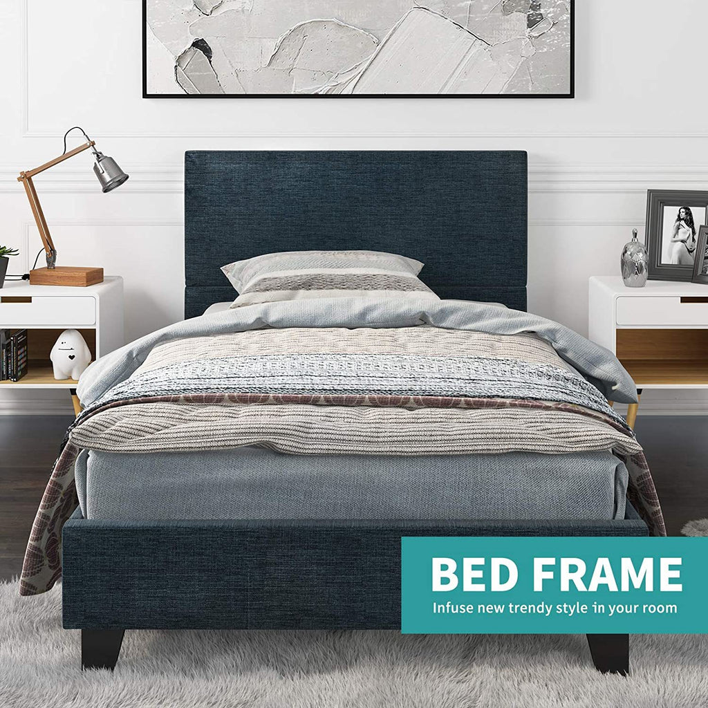 Upholstered Linen Twin Platform Bed - Blue Twin Bed Frame with Fabric Headboard - Mattress Foundation - Metal Frame with Wood Slat Support - Twin / Blue RT - Deals Kiosk