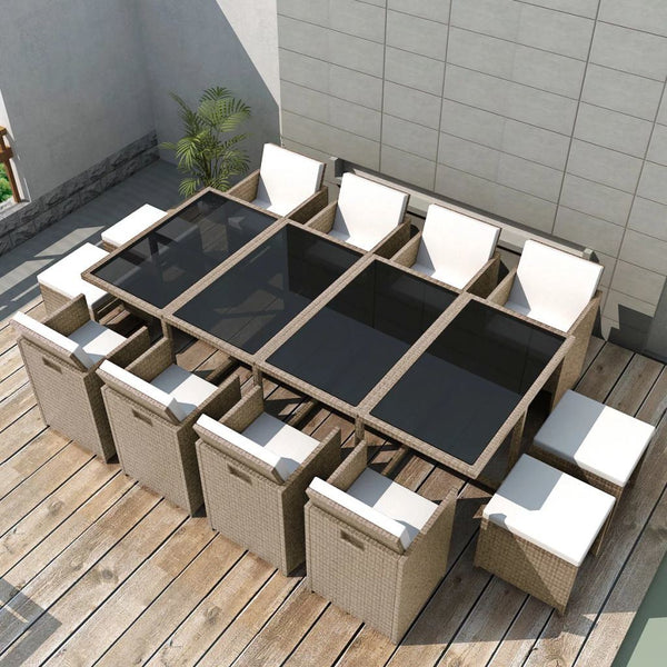 13 Piece Outdoor Dining Set with Cushions Poly Rattan Beige - Deals Kiosk