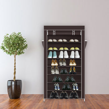 10 Tiers Shoe Rack with Dustproof Cover Closet Shoe Storage Cabinet Organizer Dark Brown RT - Deals Kiosk