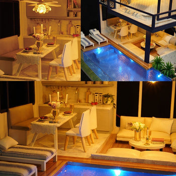 UniHobby DIY Miniature Dollhouse Kit Time Apartment DIY Dollhouse Kit with Wooden Furniture Light Gift House Toy - Deals Kiosk