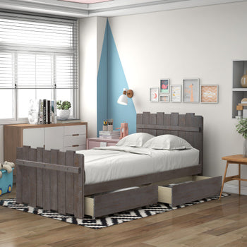 Twin Size Platform Bed with Drawers, Vintage Fence-shaped Headboard and Footboard, Rustic Style, Gray - Deals Kiosk