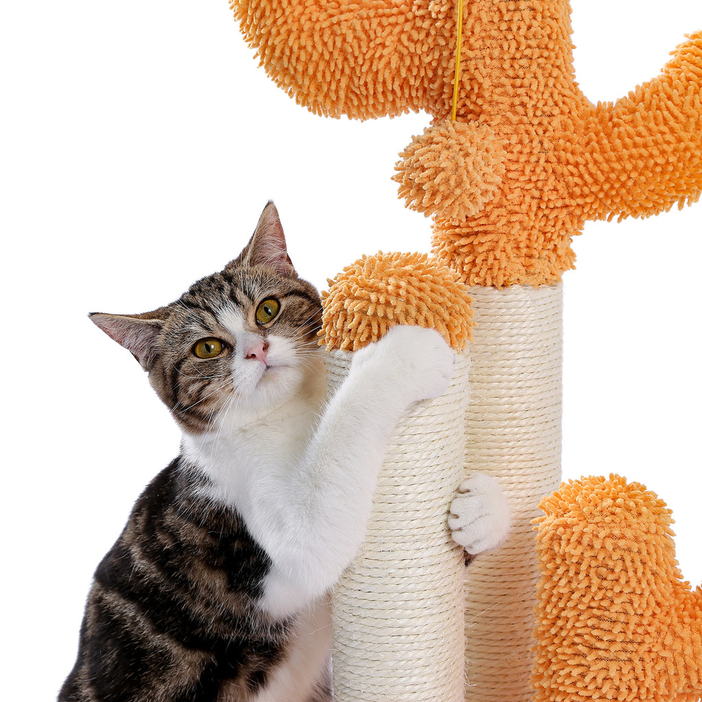 Cat Scratching Post Cactus Cat Scratcher Featuring with 3 Scratching Poles and Interactive Dangling Ball Orange XH - Deals Kiosk