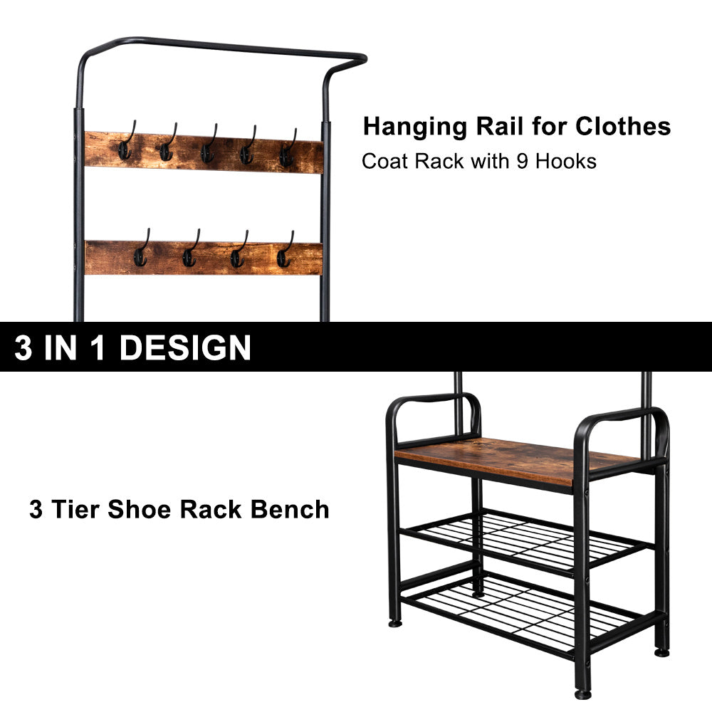 Industrial Vintage Coat Rack Shoe Bench, Hall Tree Entryway Storage Shelf, 3 in 1 Design RT - Deals Kiosk