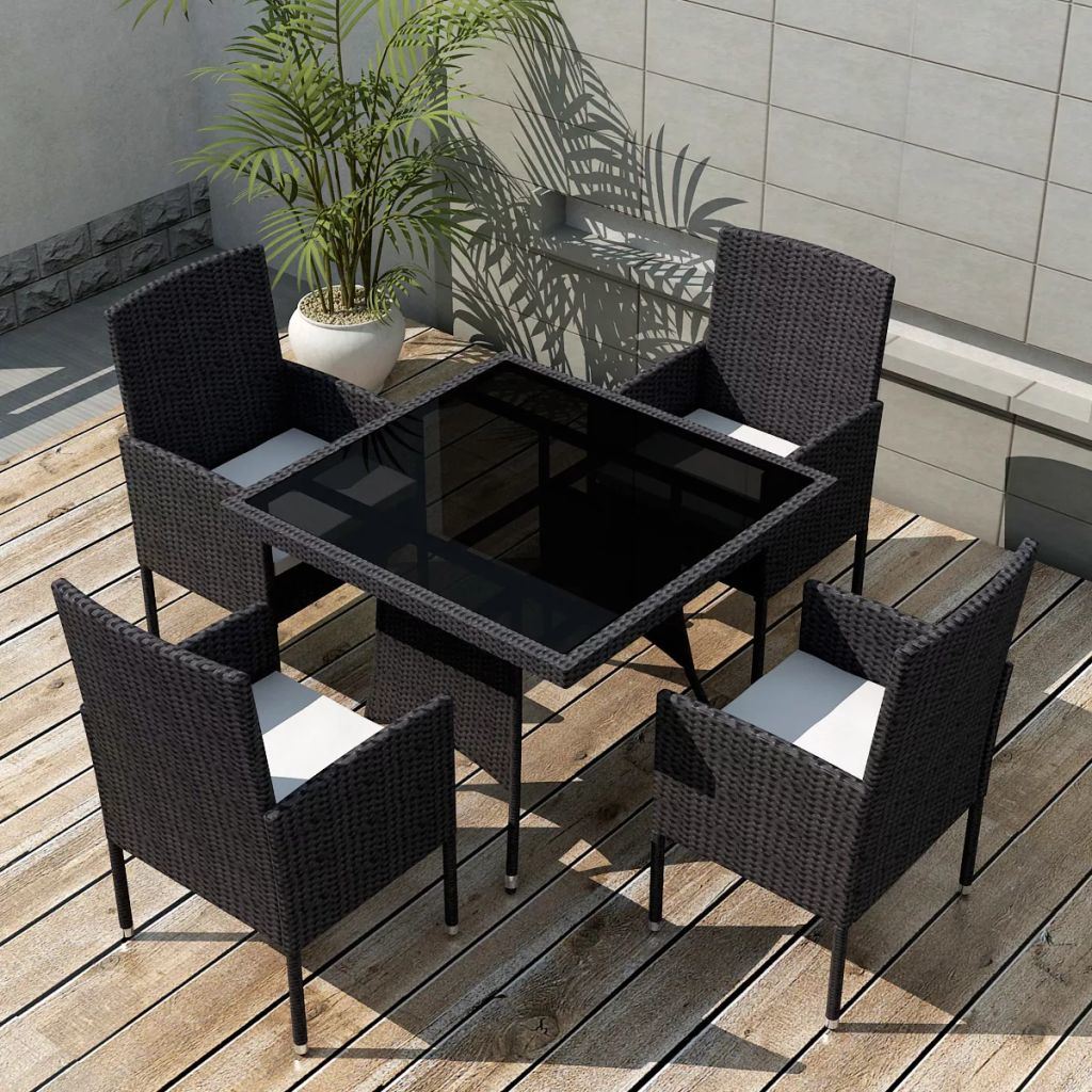5 Piece Outdoor Dining Set with Cushions Poly Rattan Black - Deals Kiosk