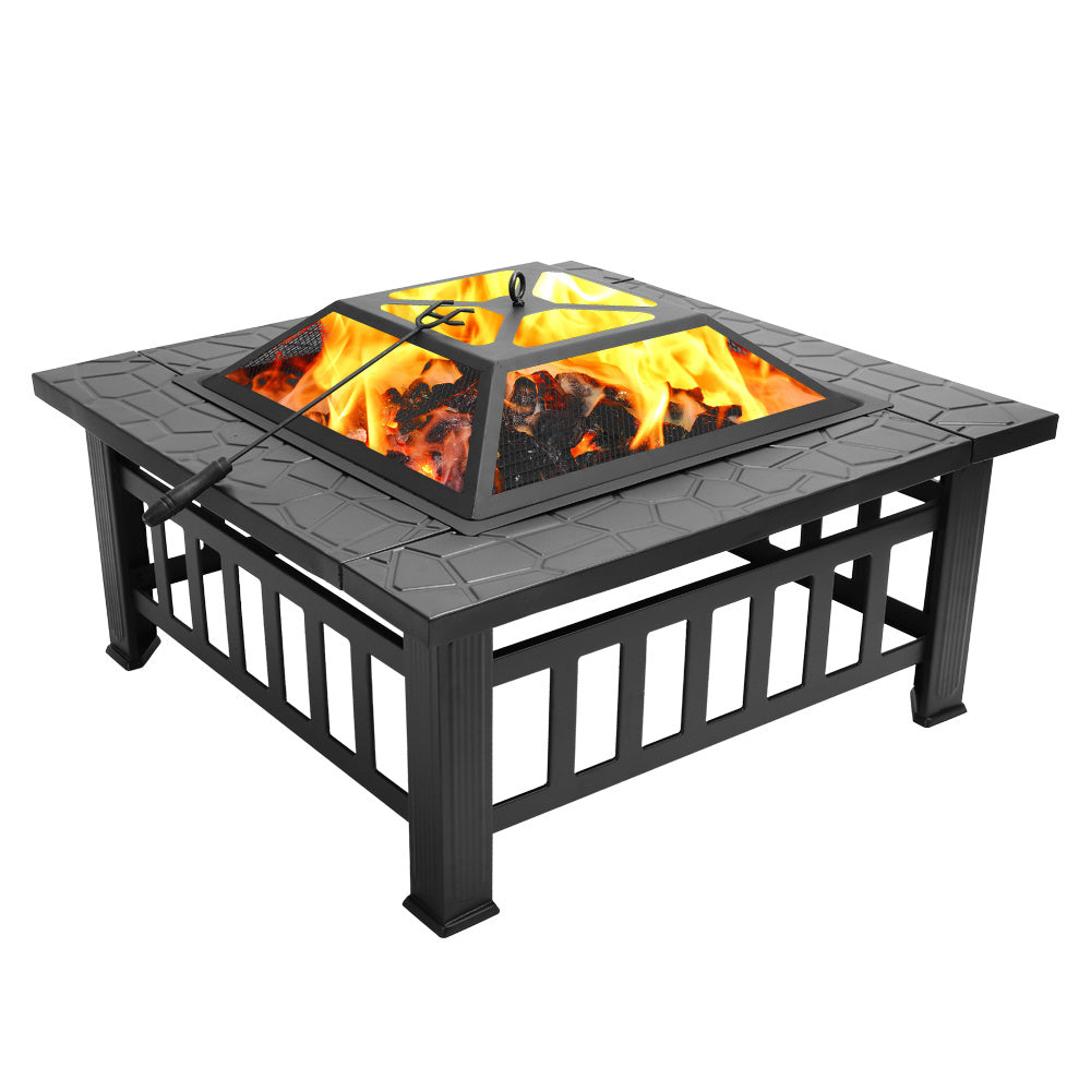 32 Inch Heavy Duty 3 in 1 Metal Square Patio Firepit Table BBQ Garden Stove with Spark Screen Cover Log Grate and Poker for Outside Wood Burning and Drink Cooling - Deals Kiosk